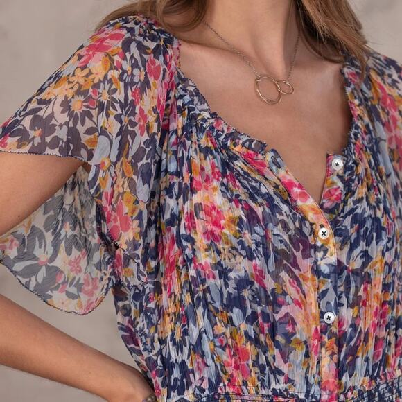 Sundance Women's Clarisse Floral Dress Multicolor Tiered Boho Midi Flowy Buttons - Picture 2 of 12